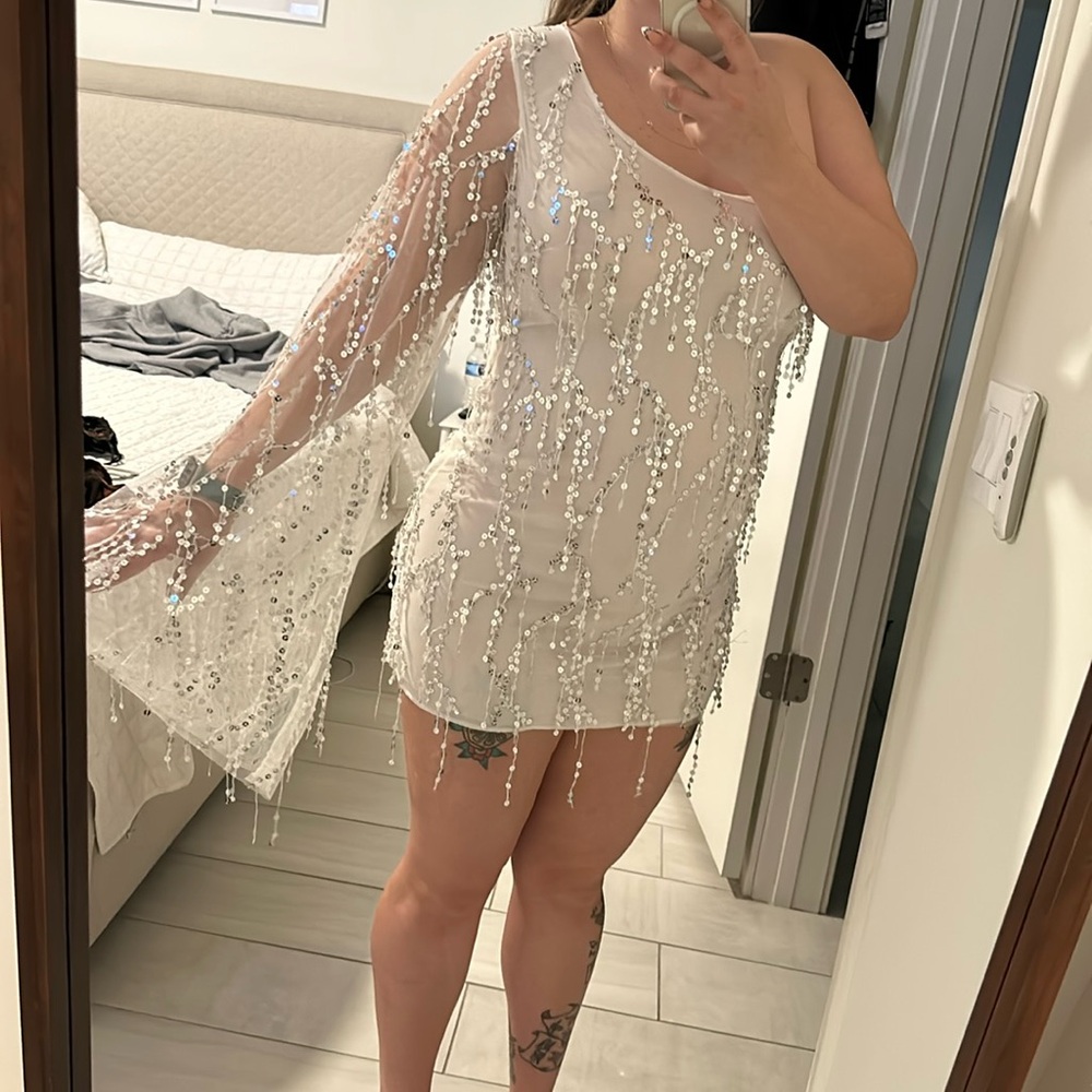 Lucy in the sky fringe sequin one shoulder mini dresss